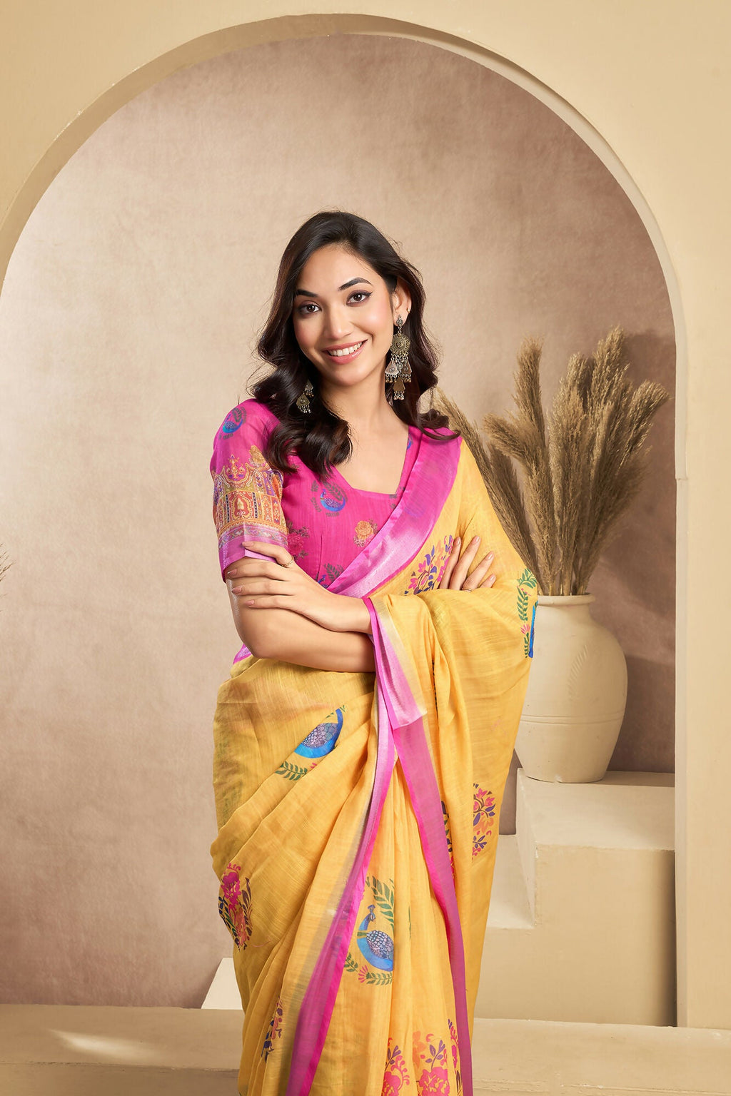 Vastranavya Mustard Digital Printed Linen Ready To Wear Designer Saree with Unstitched Blouse | Grocsy
