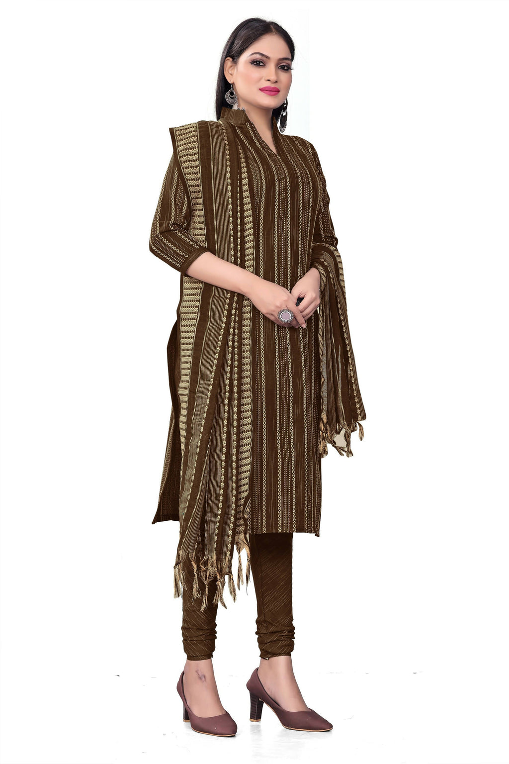 Brown Cotton Jacquard Woven Unstitched Dress Material - Tanvi | Grocsy