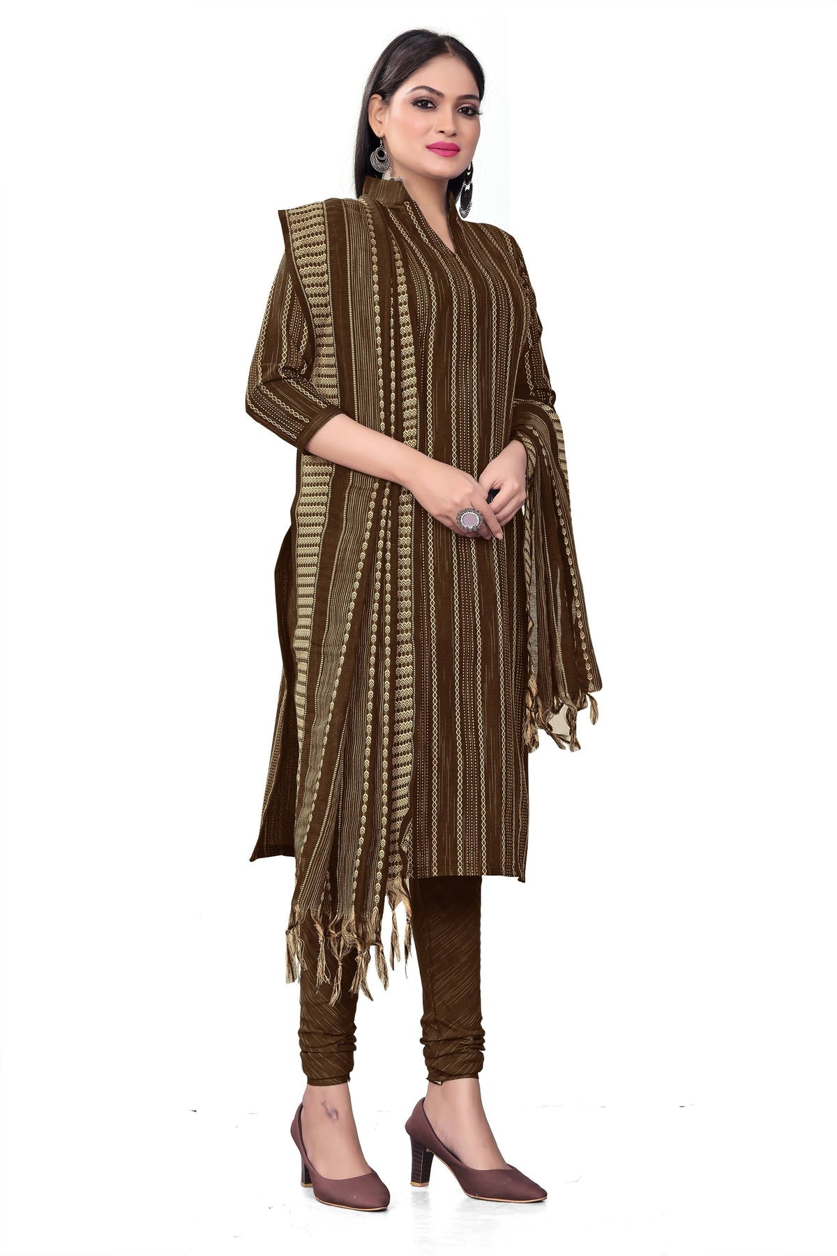 Brown Cotton Jacquard Woven Unstitched Dress Material - Tanvi | Grocsy