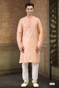 Raivat Ethnic Jacquard Banarasi Silk Thread Work Kurta Pajama In Peach Colour | Grocsy