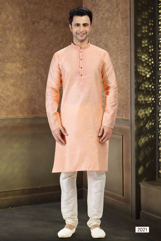 Raivat Ethnic Jacquard Banarasi Silk Thread Work Kurta Pajama In Peach Colour | Grocsy