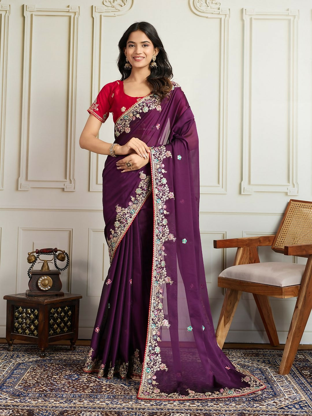 Ai Fashion Wine Rangoli Silk Embroidery Party Wear Saree | Grocsy