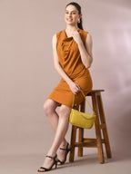 Myshka Women's Mustard Solid Cowl Neck Bodycon Party Dress | Grocsy