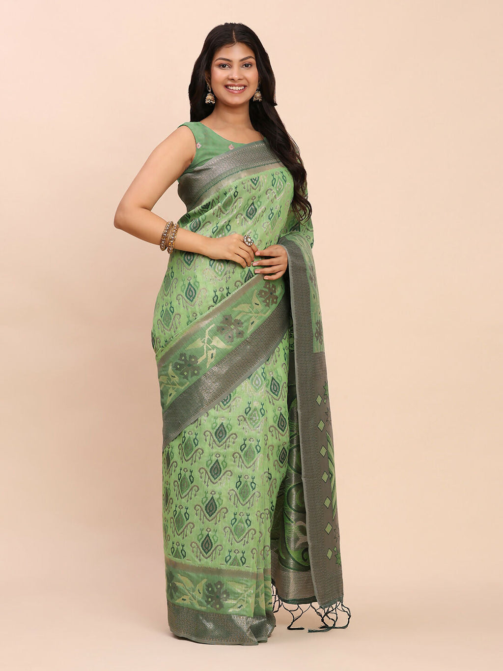 Shree Shyam Fashion Linen Cotton Green Saree | Grocsy