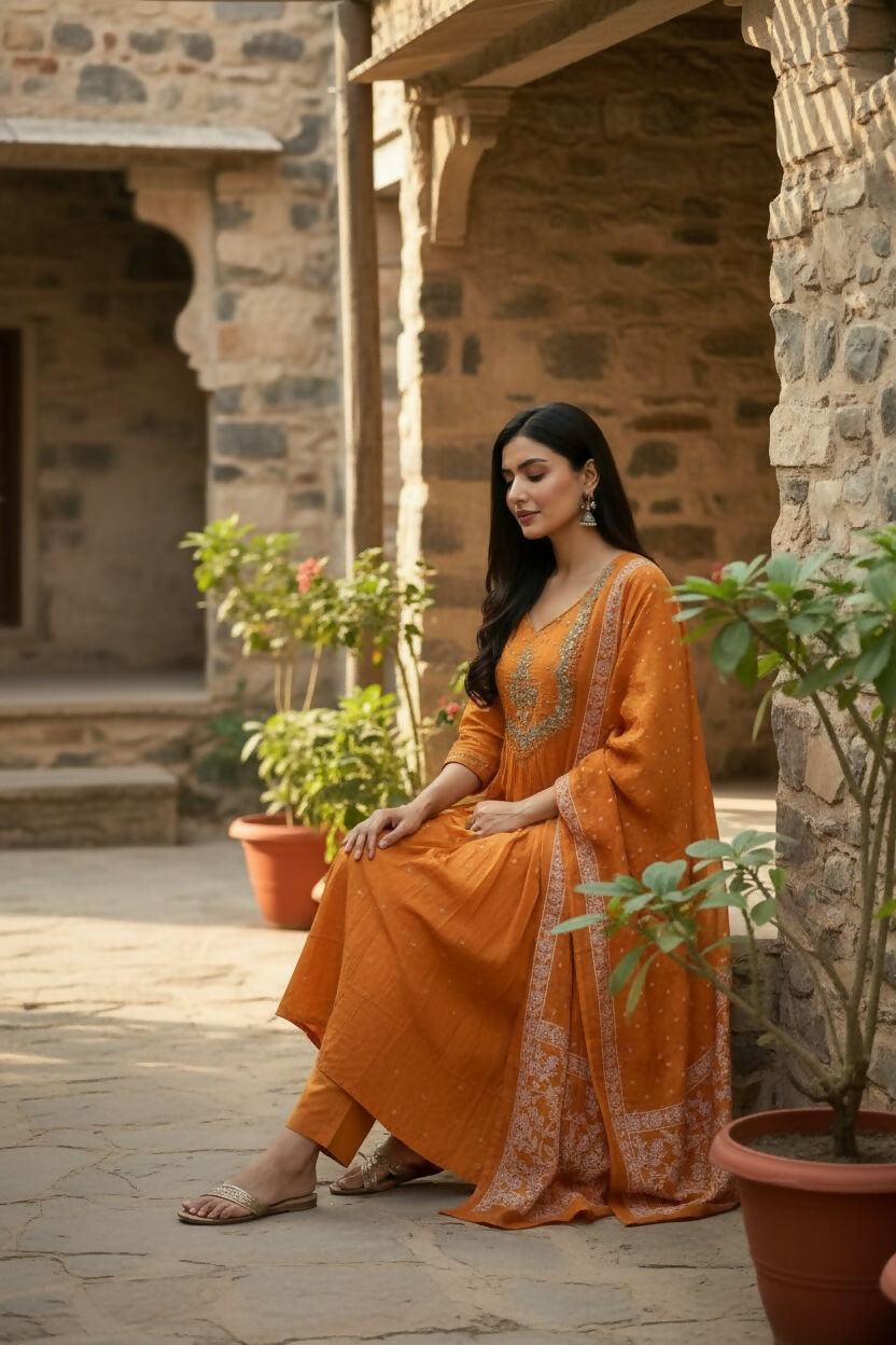 The52 Women's Beautiful Cotton Fabric Embroidery Work Flared Anarkali Pant and Dupatta Set | Grocsy