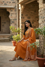 The52 Women's Beautiful Cotton Fabric Embroidery Work Flared Anarkali Pant and Dupatta Set | Grocsy