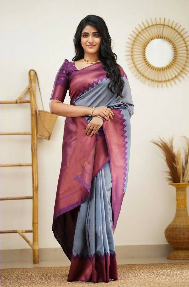 DEIANA'S Beautiful Designer Golden zari Soft Lichi Silk Saree - Grey | Grocsy