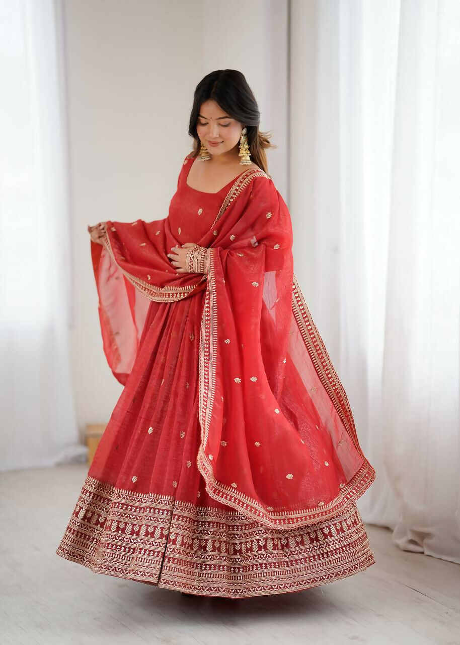The52 Women's Beautiful Embroidery Work Crunchy Silk Fabric Flared Anarkali and Dupatta Set | Grocsy