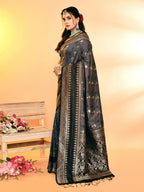Joban Fashion Grey & Black Plain With Weaving Border Banarasi Silk Sarees | Grocsy