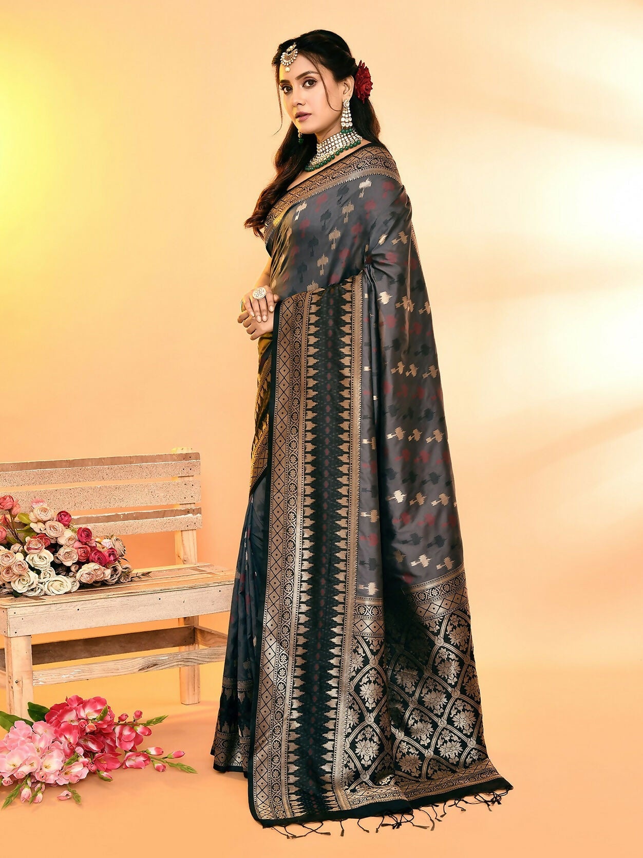 Joban Fashion Grey & Black Plain With Weaving Border Banarasi Silk Sarees | Grocsy