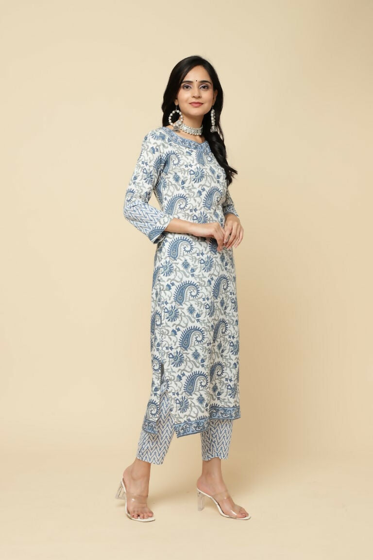 Designer Stylish White Keri cotton Stitched Suit With Dupatta - Tanisha | Grocsy