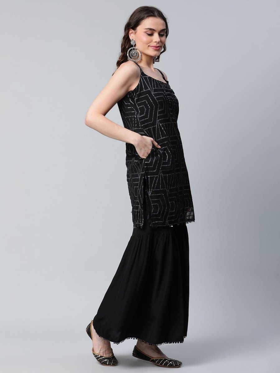 Ahalyaa Women Black Net Glitter Print Short Kurti With Sharara Dupatta Set | Grocsy