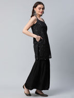 Ahalyaa Women Black Net Glitter Print Short Kurti With Sharara Dupatta Set | Grocsy
