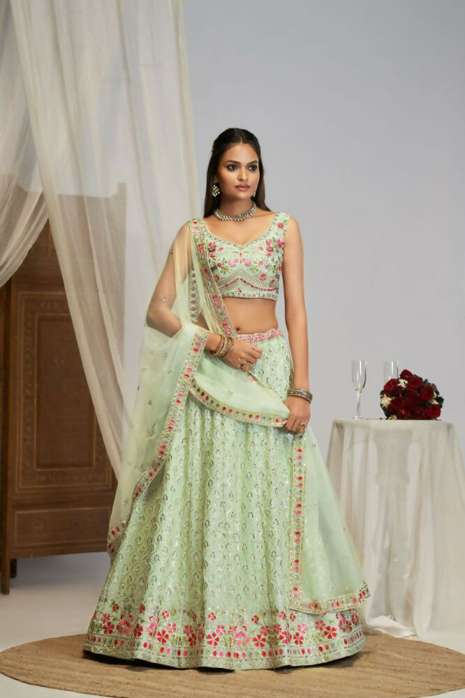 Pastel Green Georgette Thread Embroidery Work Lehenga Choli For Women - Jihu Culture | Grocsy