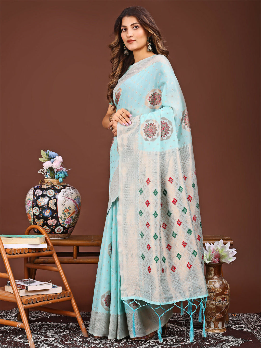 Shree Shyam Fashion Neerja Sky Blue Linen Cotton Saree | Grocsy