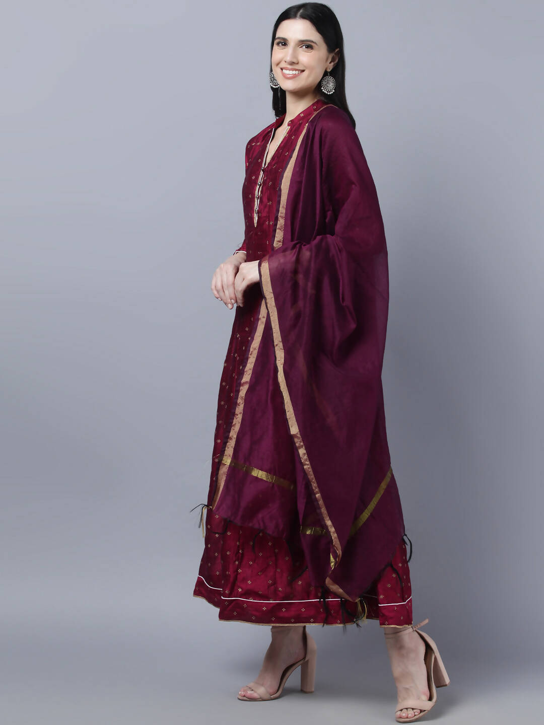 Myshka Women Brown Gold-Toned Anarkali Kurta With Dupatta | Grocsy
