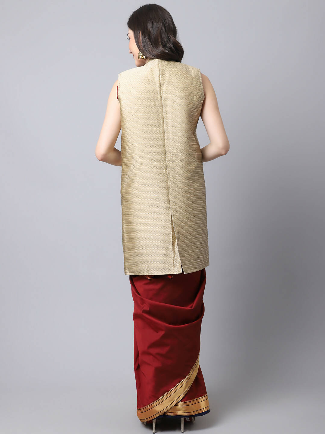 Even Apparels Beige Bansari Silk Open Front Women's Long Coat | Grocsy