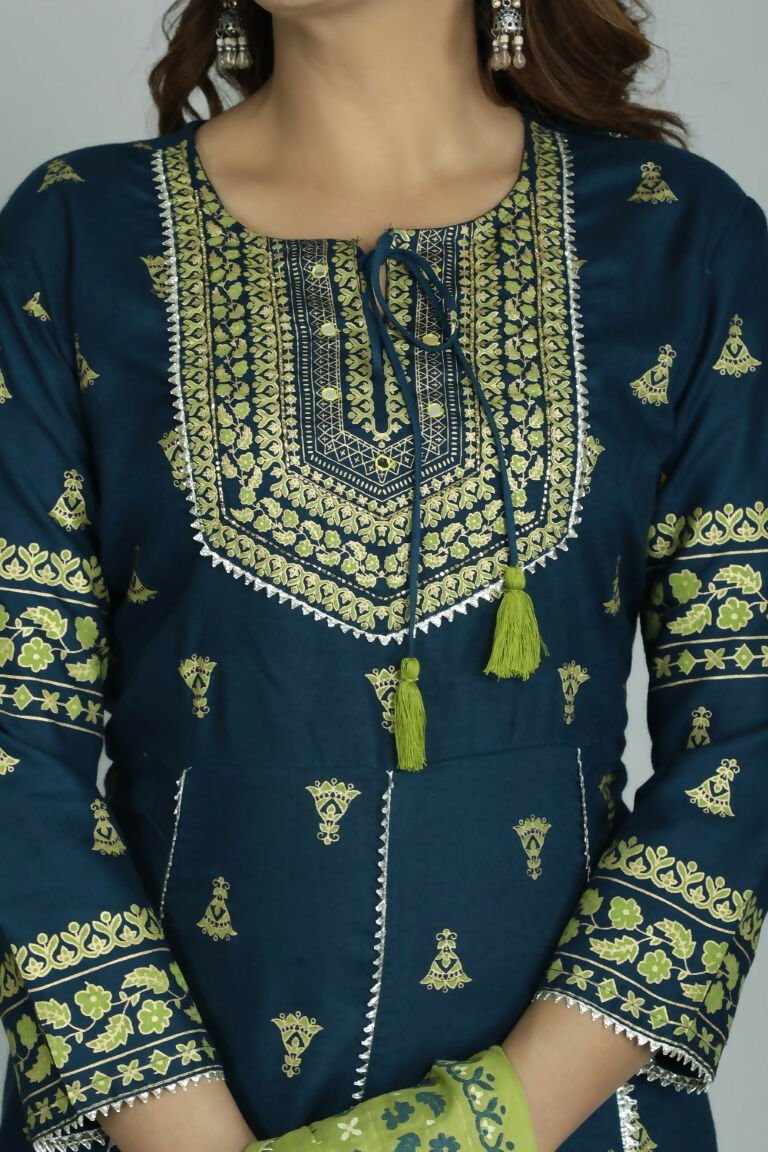 Alvano Women's Stylish Anarkali Kurti with Pant and Dupatta for Women and Girls (Teal) | Grocsy