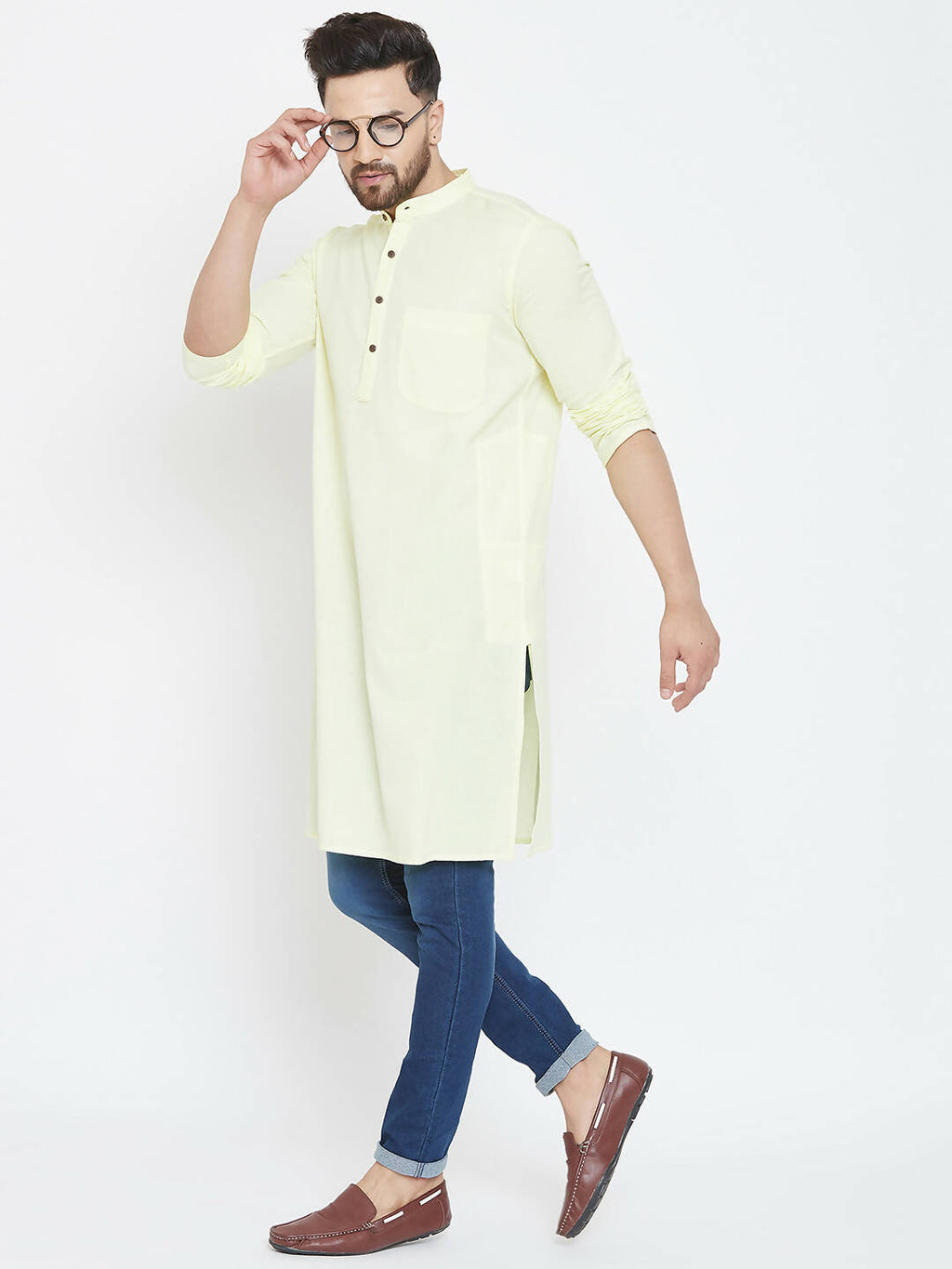 Even Apparels Yellow Color Men's Pure Cotton Kurta With Band Collar | Grocsy