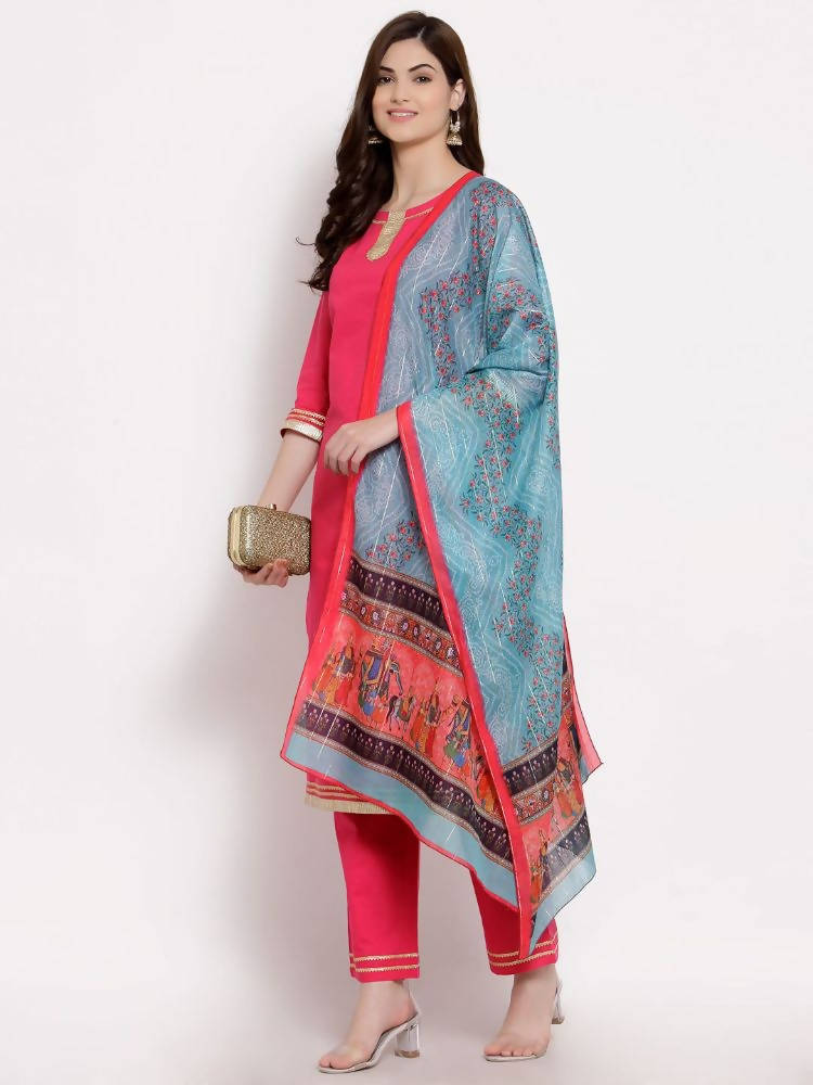 Myshka Women's Pink Cotton 3/4 Sleeve Round Neck Solid Casual Kurta Pant Dupatta Set | Grocsy