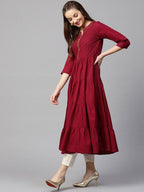 Yufta Women Maroon Embroidered Tiered Anarkali Kurta | Grocsy