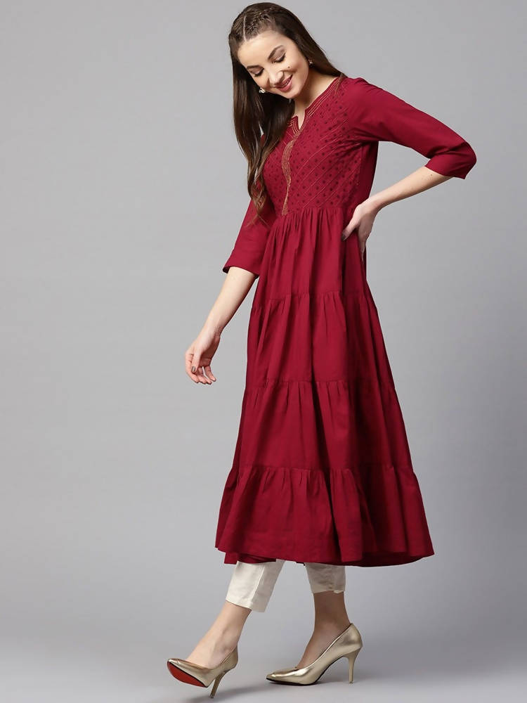 Yufta Women Maroon Embroidered Tiered Anarkali Kurta | Grocsy