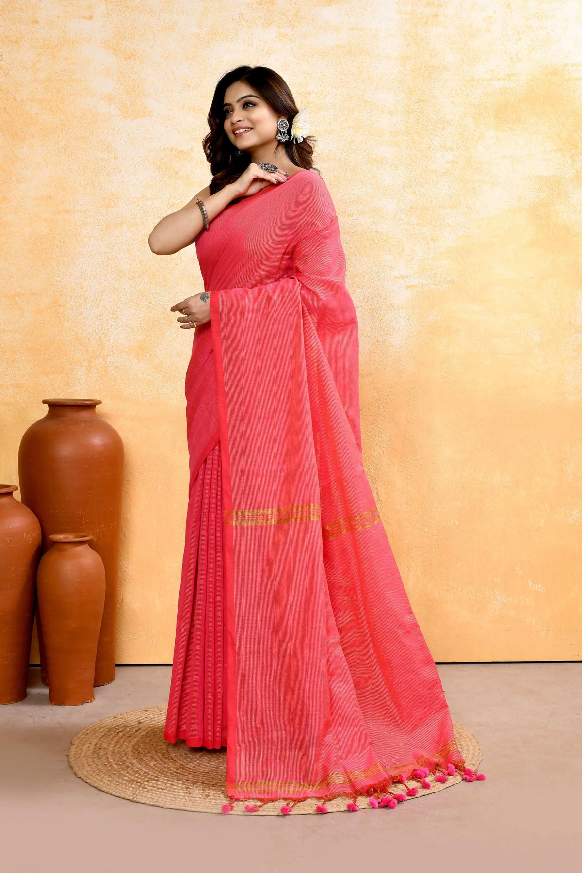 Piyari Fashion Women's Pink Embellished Cotton Blend Zari Check Handloom Saree | Grocsy