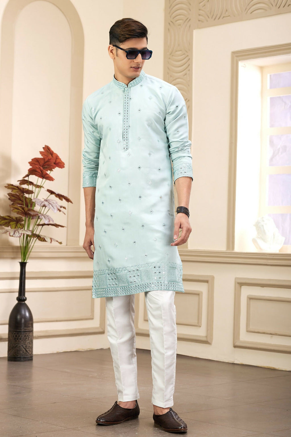 Raivat Ethnic Men's Art Silk Thread Work Kurta Pyjama In Pista Green Colour | Grocsy