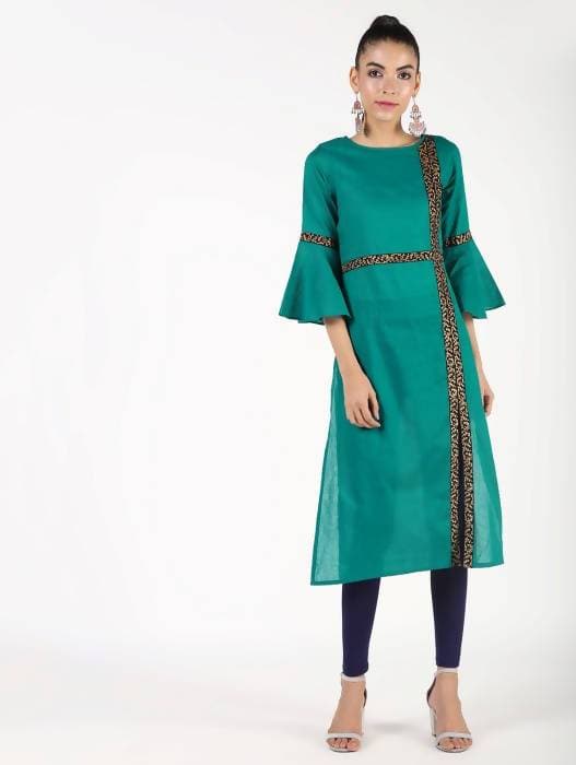 Aniyah Cotton Bell Sleeve Solid Straight Kurta In Turquoise Color (AN-147K) | Grocsy
