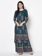 Aniyah Rayon Teal Blue Color Block Print Straight Kurta Palazzo Set (AN-223K) | Grocsy