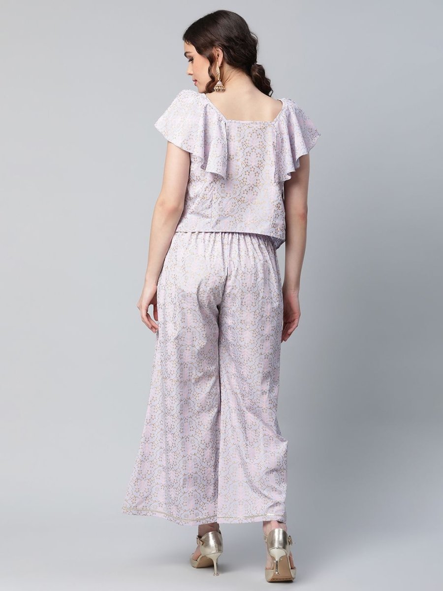 Ahalyaa Women Powder Blue Crepe Khari Printed Top with Palazzo Set | Grocsy