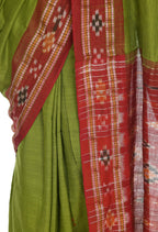 Vamika Sambalpuri Ikat Cotton Rekhabala Buti Green & Red Saree | Grocsy