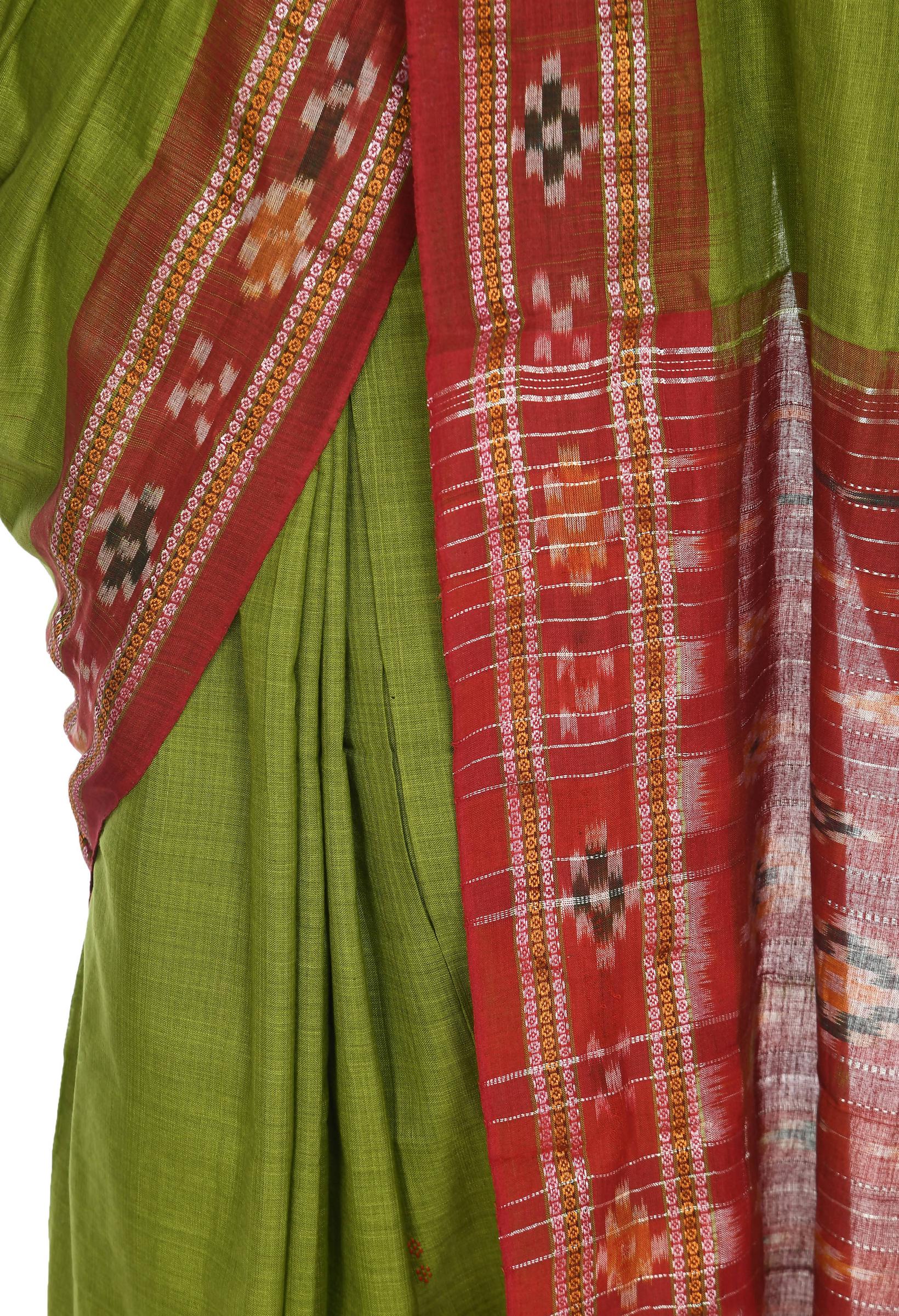 Vamika Sambalpuri Ikat Cotton Rekhabala Buti Green & Red Saree | Grocsy