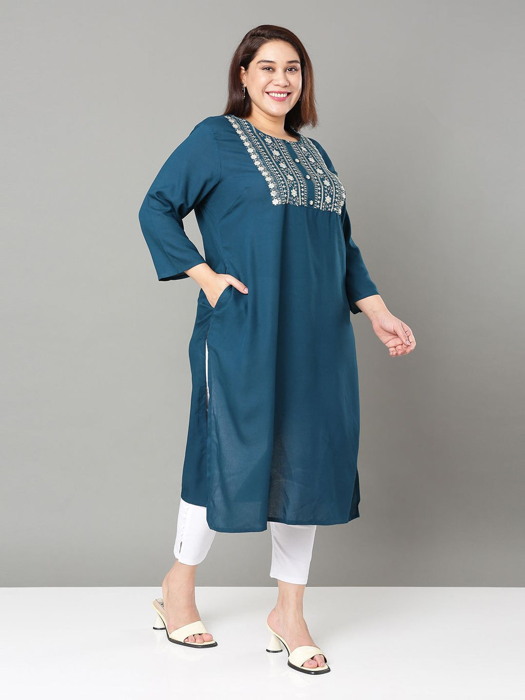 Sztori Plus Size Floral Yoke Design Mirror Work Straight Kurta | Grocsy