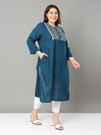 Sztori Plus Size Floral Yoke Design Mirror Work Straight Kurta | Grocsy