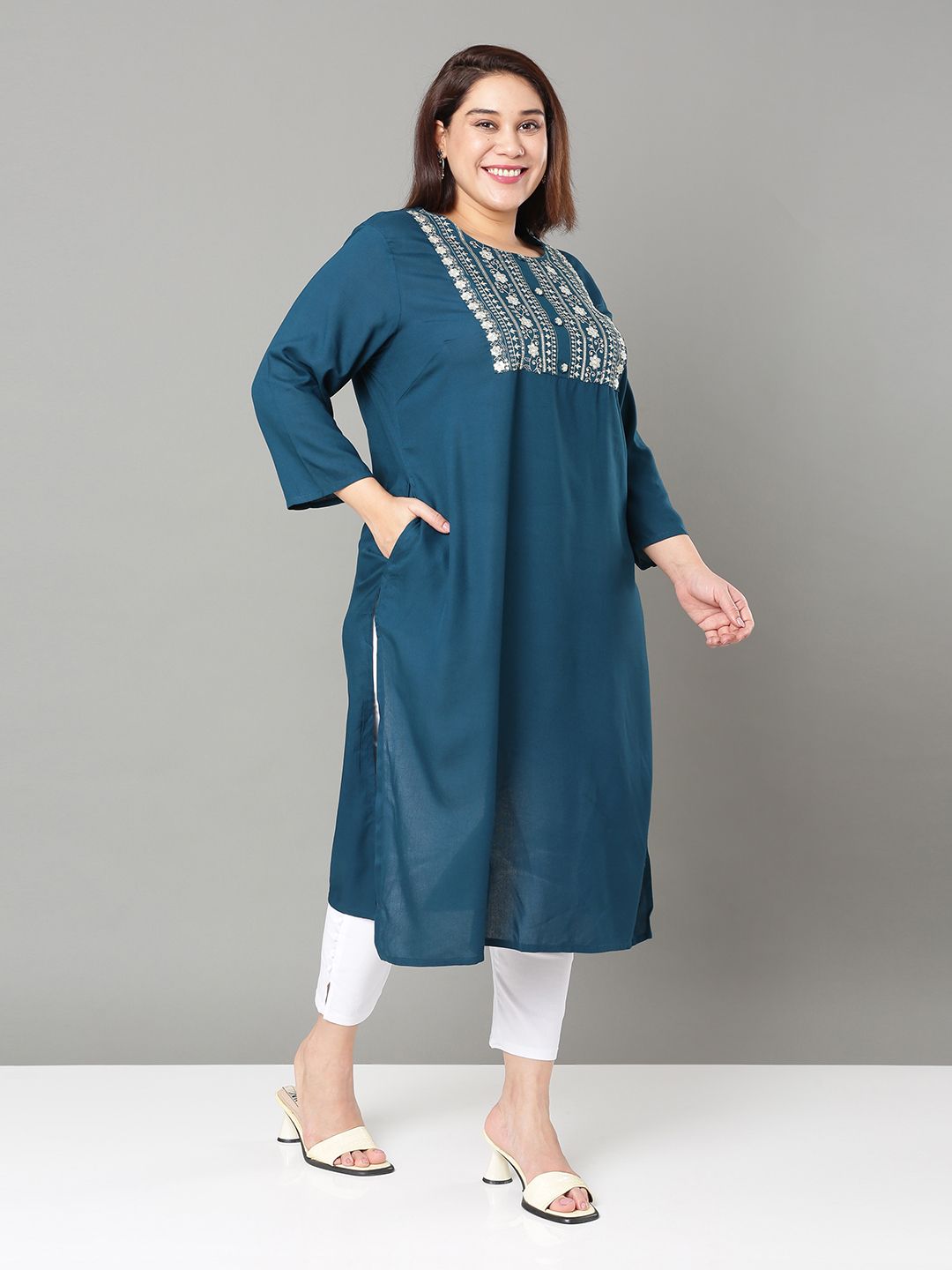 Sztori Plus Size Floral Yoke Design Mirror Work Straight Kurta | Grocsy