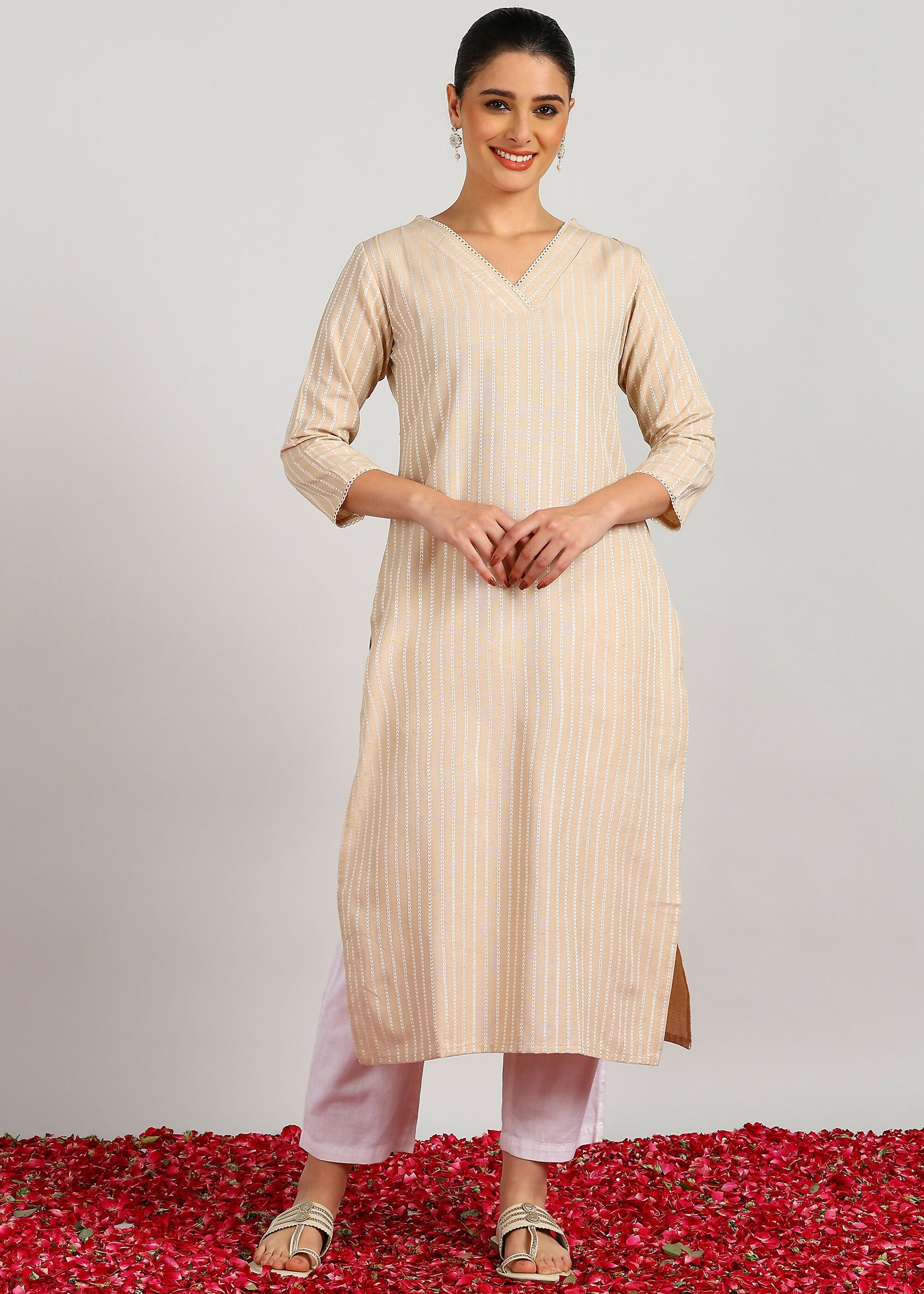 Aavyora Women's Beige Woven Striped V-Neck Kurta | Grocsy