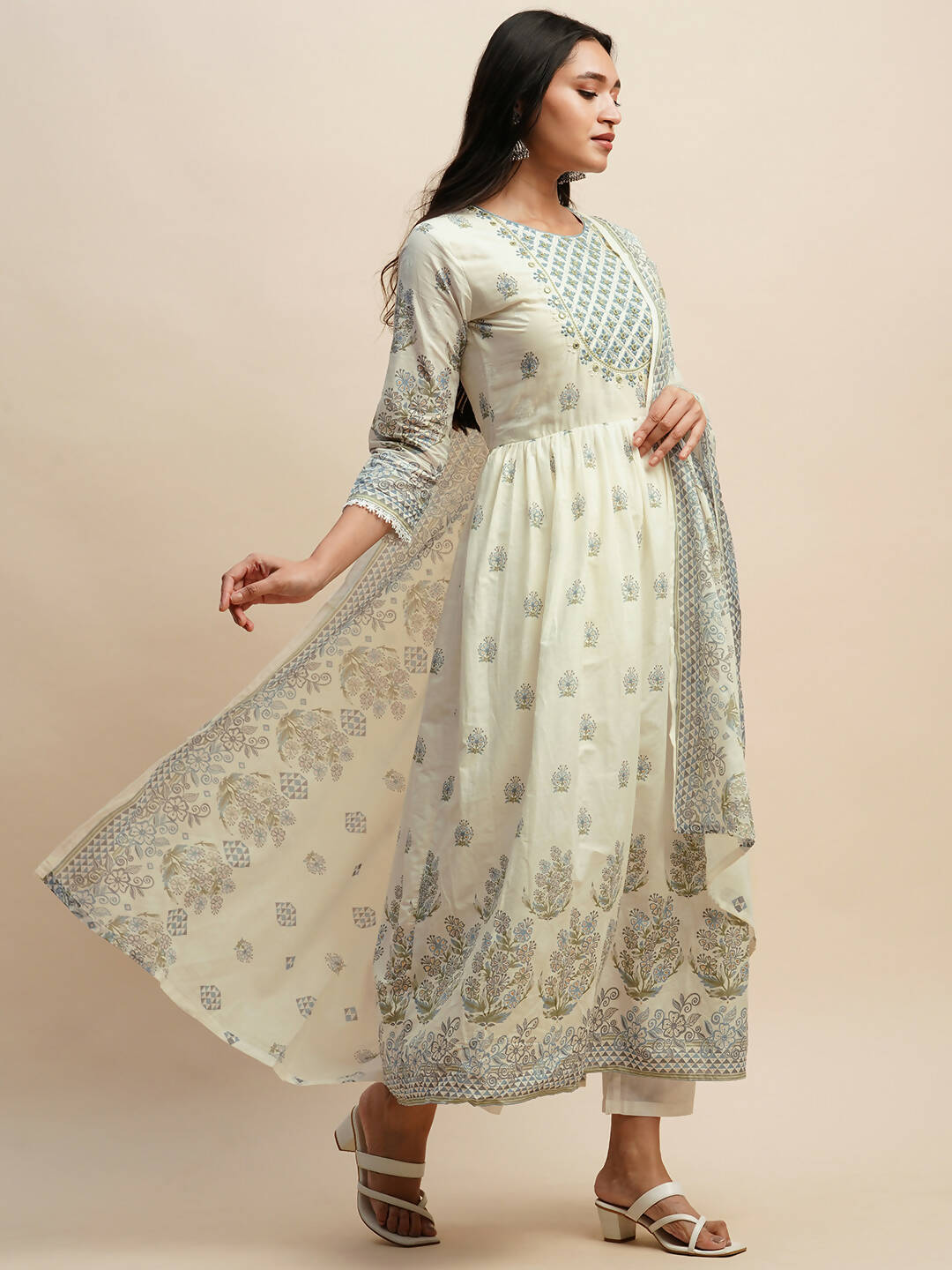 White And Blue Pure Cotton Floral Printed Anarkali Kurta And Bottom With Dupatta - Akashara | Grocsy