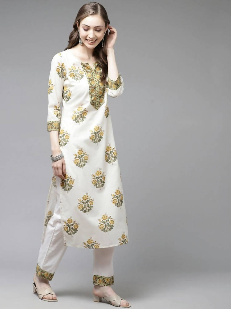 Yufta White yellow Floral Print kurta with Trouser & Dupatta set | Grocsy
