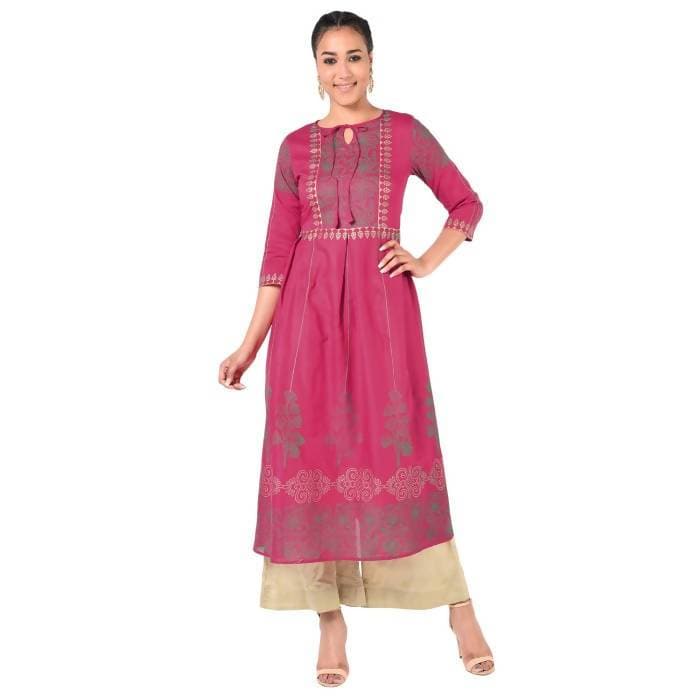 Aniyah Cotton Gold Print Flared Kurta Fuchsia (AN-163K) | Grocsy