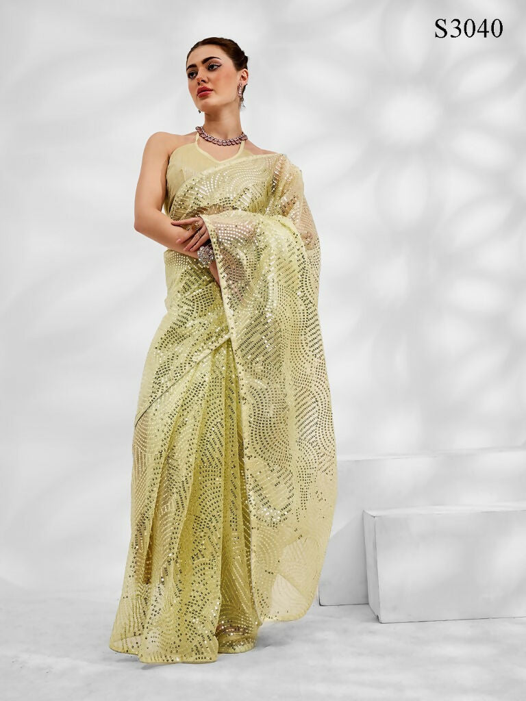 Light Green Net Organza Sequance,Thread Embroidery Work Saree with Unstitched Blouse - Vandini | Grocsy