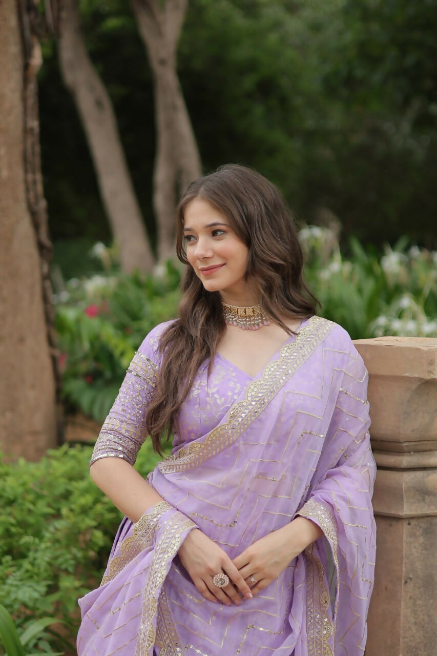 Lorenvalley Lavender Pure Viscose Jacquard with Golden Embroidered Sequins work Lehenga Choli | Grocsy