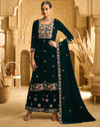 Anaita Dark Green Embroidered Work Velvet Stitched Plazo Suit | Grocsy