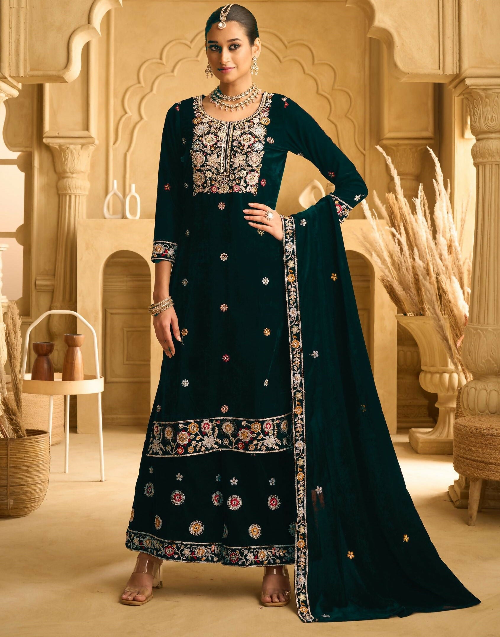 Anaita Dark Green Embroidered Work Velvet Stitched Plazo Suit | Grocsy