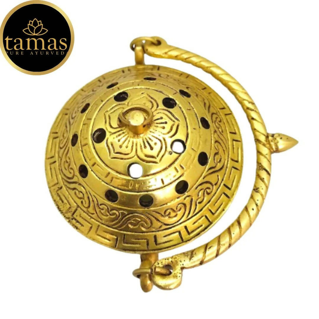 Tamas Brass Small Dhoop Burner with Handle and Lid (Golden) | Grocsy