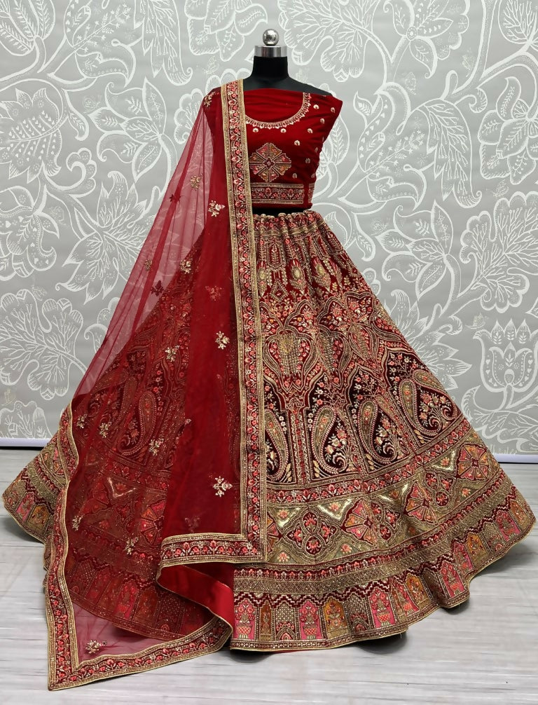 Jyoti Fashion Women's Red Velvet Multi Thread Embroidered with Zircon Diamond Wedding Lehenga Choli | Grocsy
