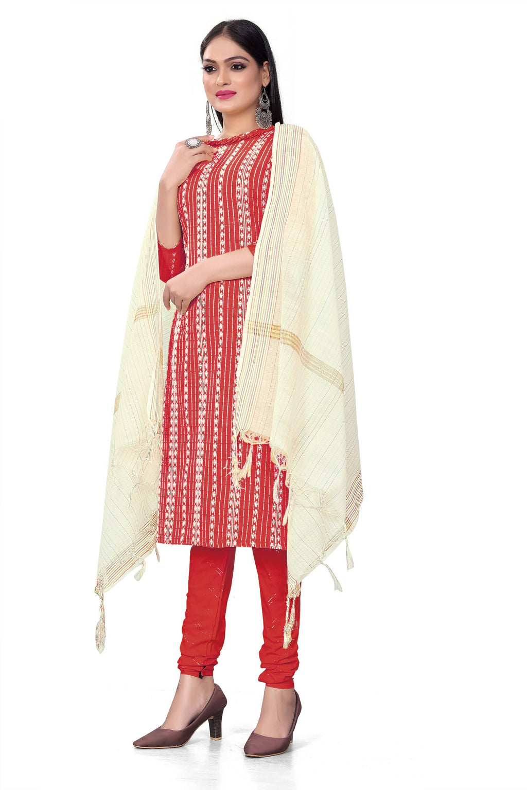 Red Cotton Jacquard Woven Unstitched Dress Material - Amara | Grocsy