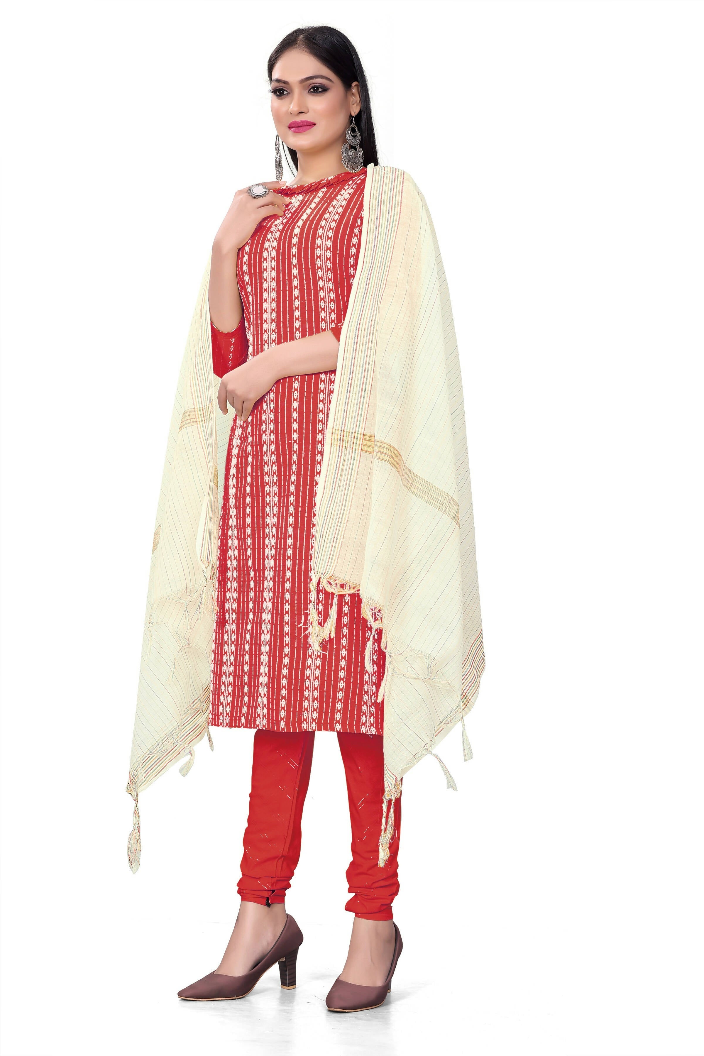 Red Cotton Jacquard Woven Unstitched Dress Material - Amara | Grocsy