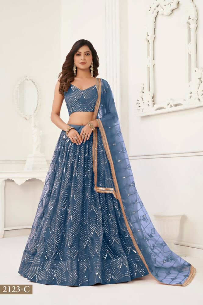 Aastha Fashion More Peach Butterfly Net Tone To Tone Thread Work, Sequence Work And Original Mirror Work Embroidery Wedding Wear Lehenga Choli | Grocsy
