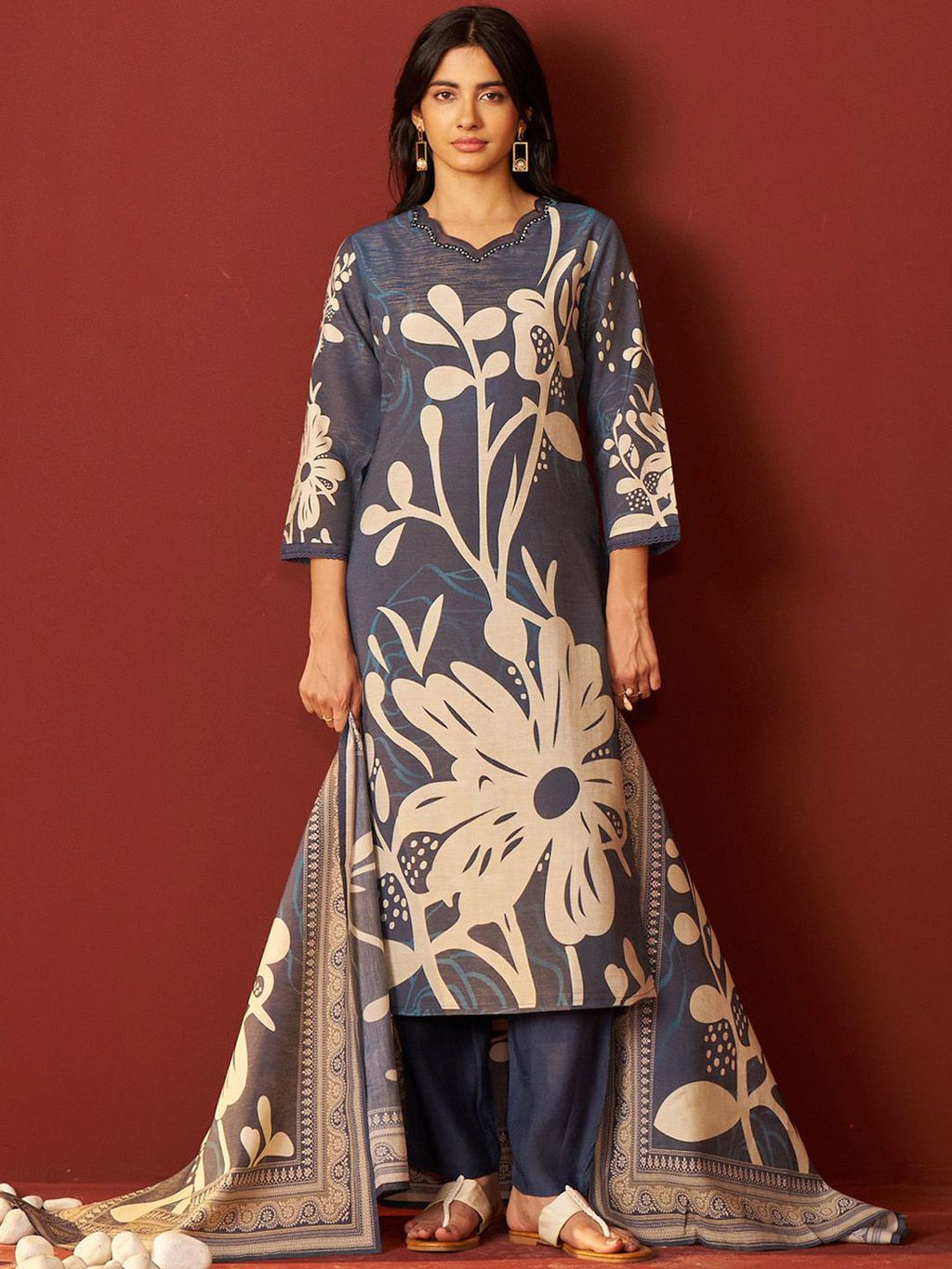 Indo Era Women Floral Printed Beads and Stones Kurta with Trousers & Dupatta Kurta Sets | Grocsy